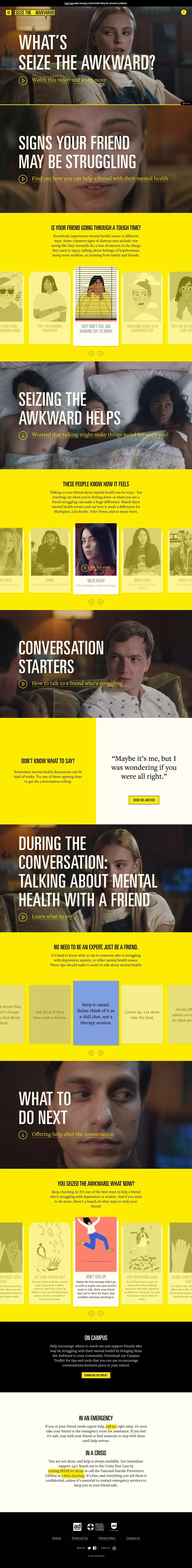 Seize The Awkward -  Talking to your friends about mental health and how to help - Landing design