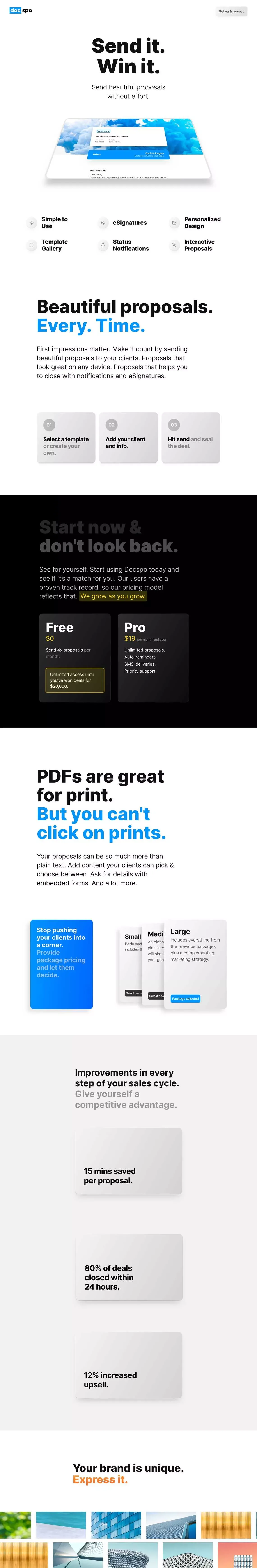 DocSpo - Send beautiful proposals that impress without effort. - Landing design