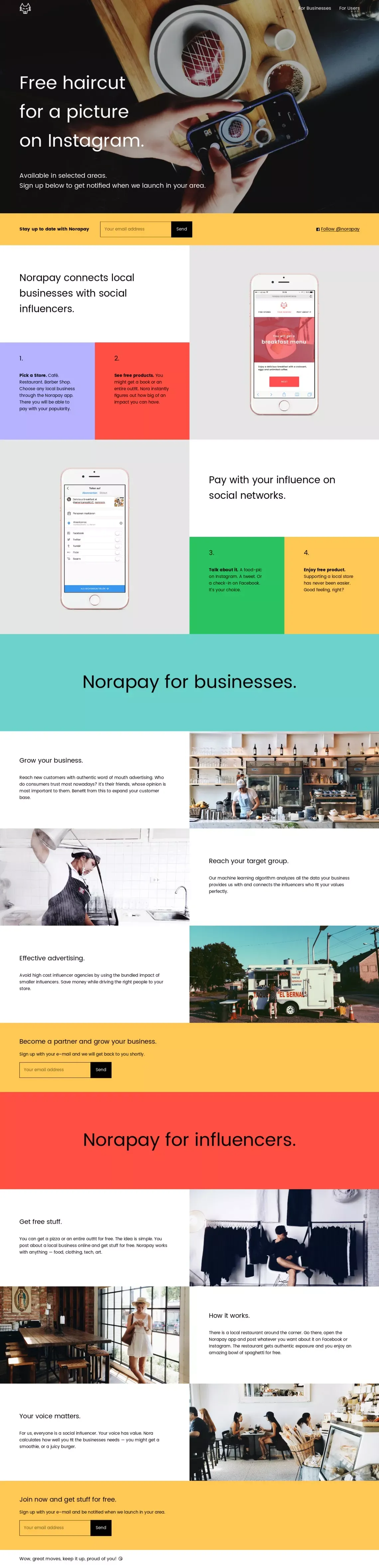 Norapay · Pay with your influence on social networks. - Landing design