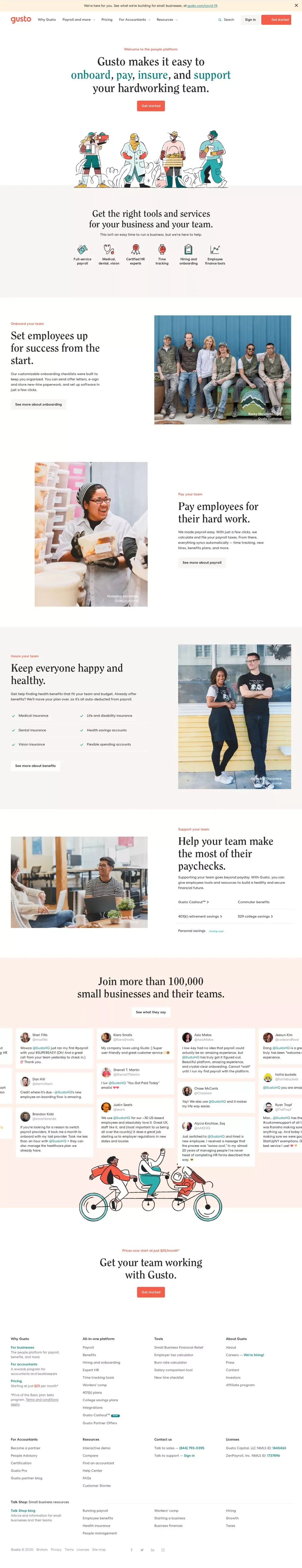 Payroll, Benefits, and HR Software Built for Small Businesses | Gusto - Landing design