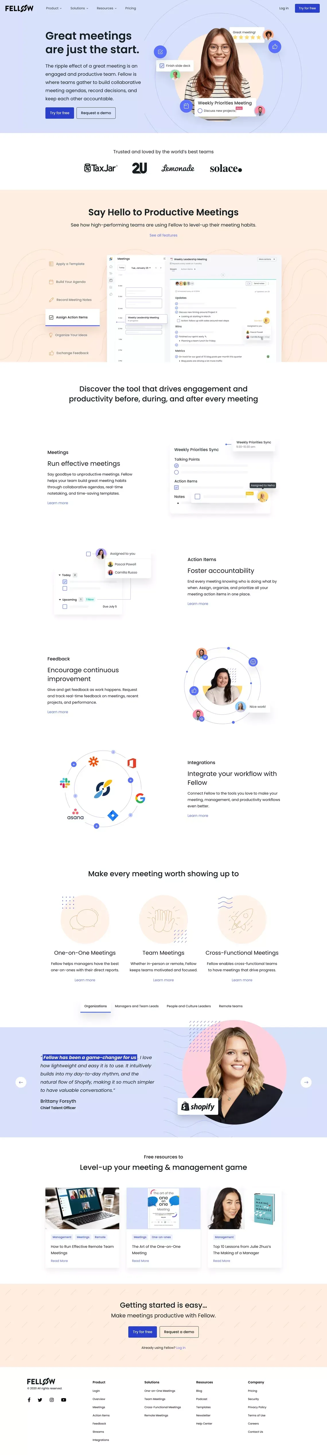 Fellow.app - Great Meetings Start Here: Collaborative Meeting Agendas, Action Items and more... - Landing design