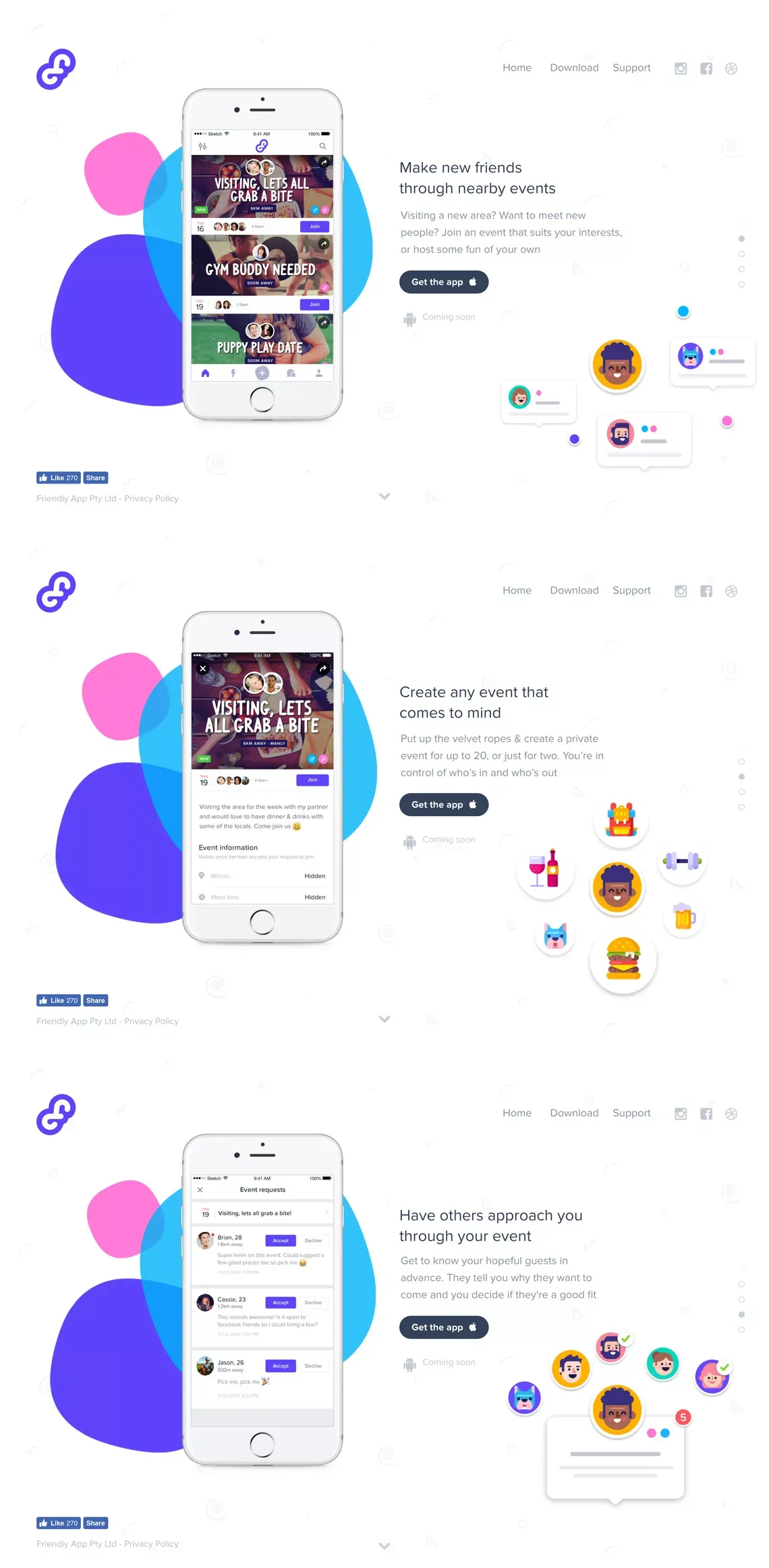 Friendly - Make new friends through nearby events - Landing design