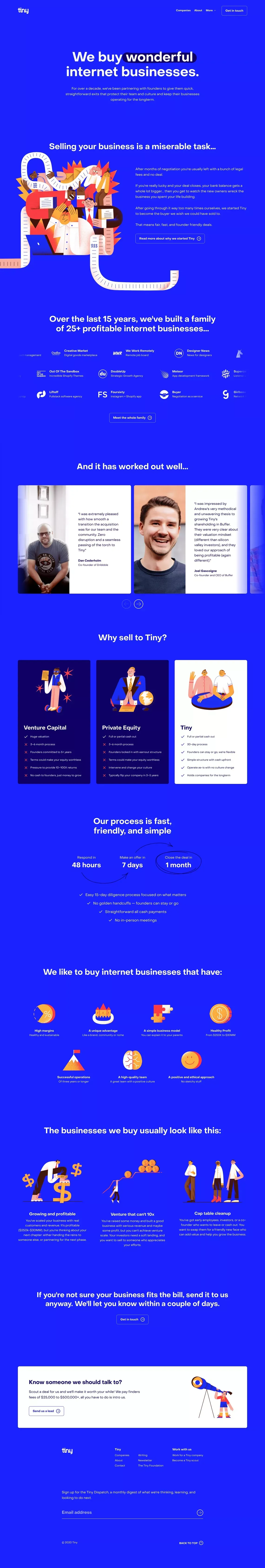 Tiny | We buy wonderful internet businesses - Landing design