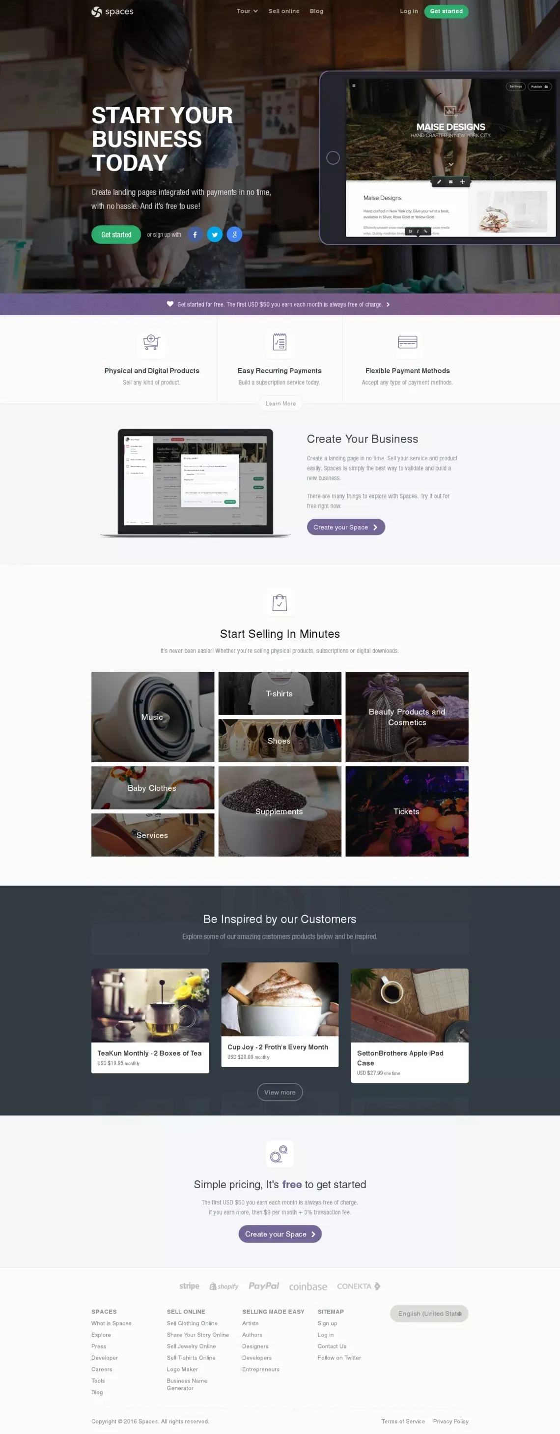 Spaces | Sell online, start a free online store - Landing design