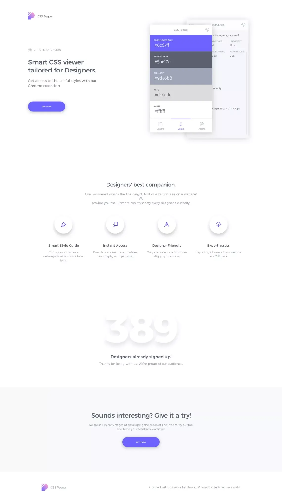 CSSPeeper - Smart CSS viewer tailored for Designers - Landing design