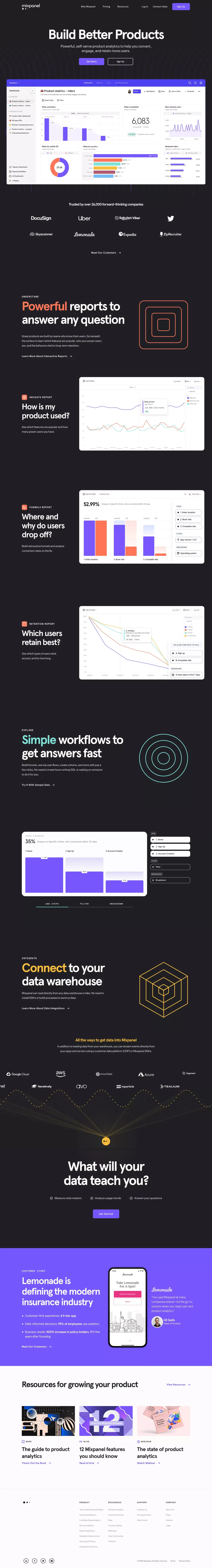 Product Analytics for Mobile, Web, & More | Mixpanel - Landing design