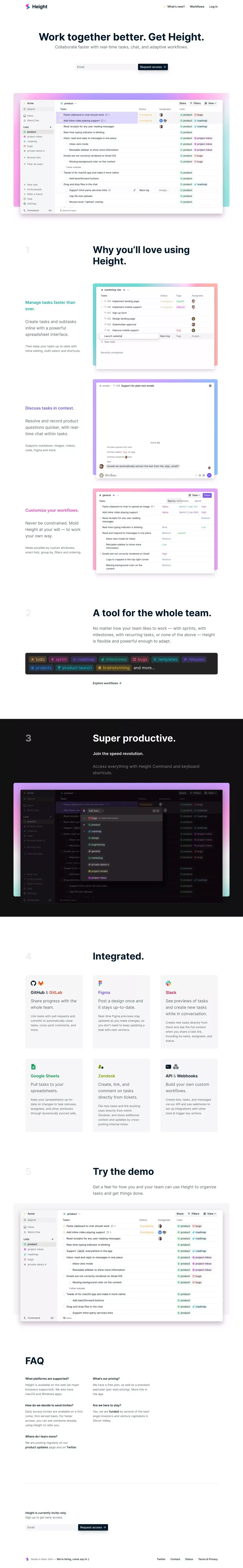Height - Collaborate faster with tasks, chat, and adaptive workflows. - Landing design