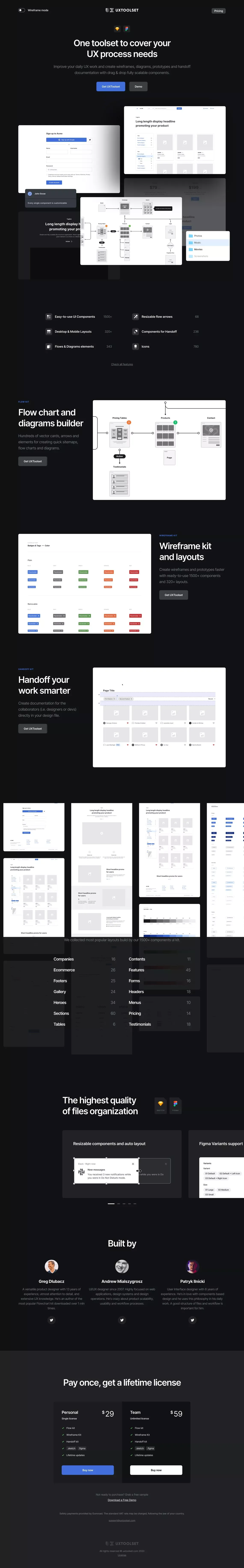 Component libraries for wireframes, flowcharts, diagrams and handoff documentation - Landing design