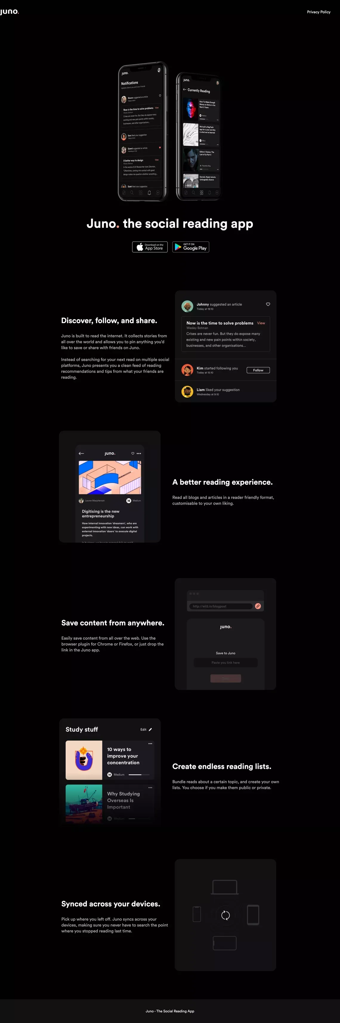 Juno. The Social Reading App - Landing design