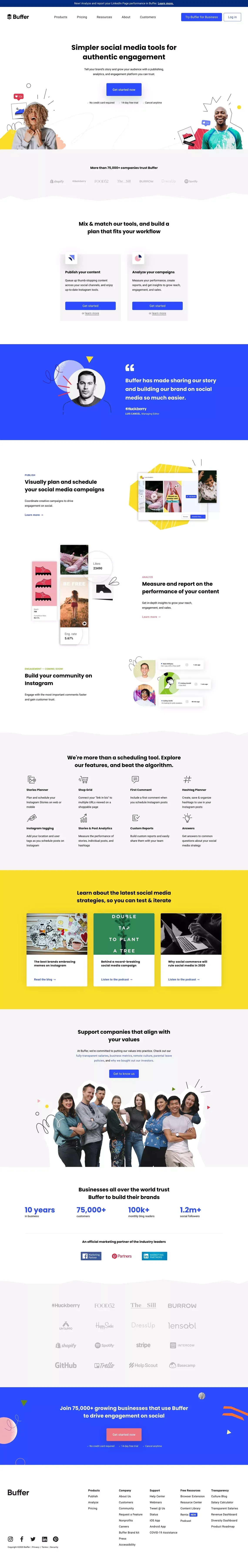Simpler social media tools for authentic engagement | Buffer - Landing design