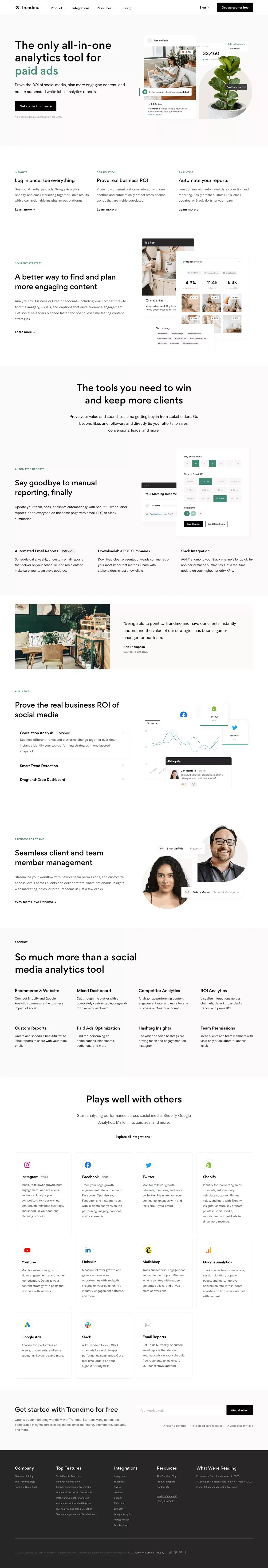 Trendmo: Analytics for Social Media, Shopify, Ads, and More - Landing design