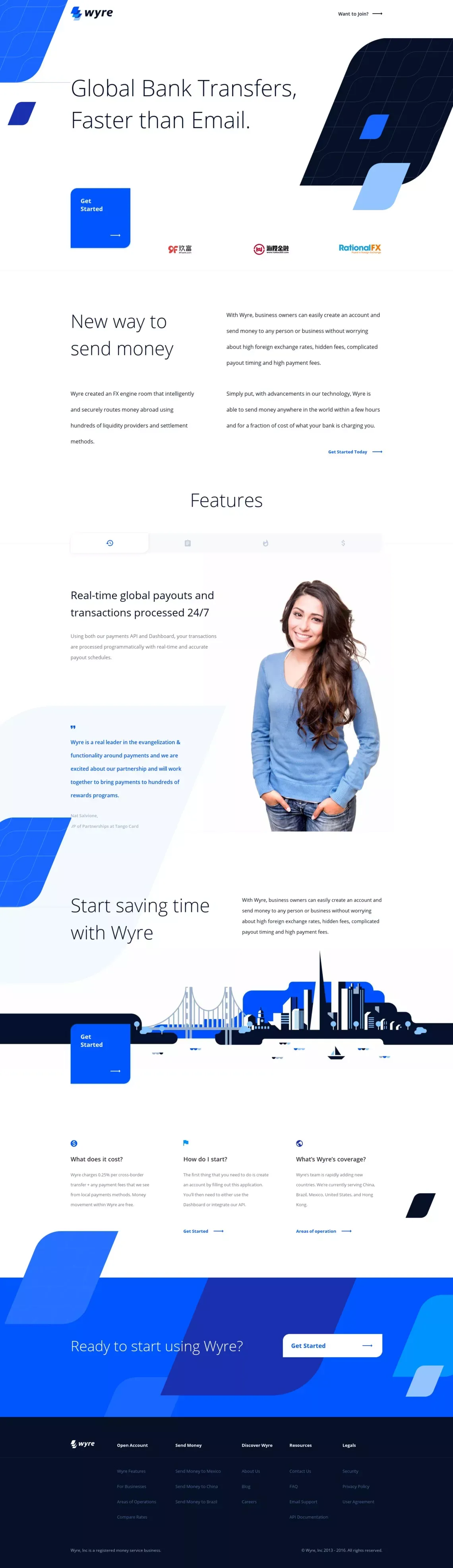 Wyre, Global Bank Transfers Faster than Email - Landing design