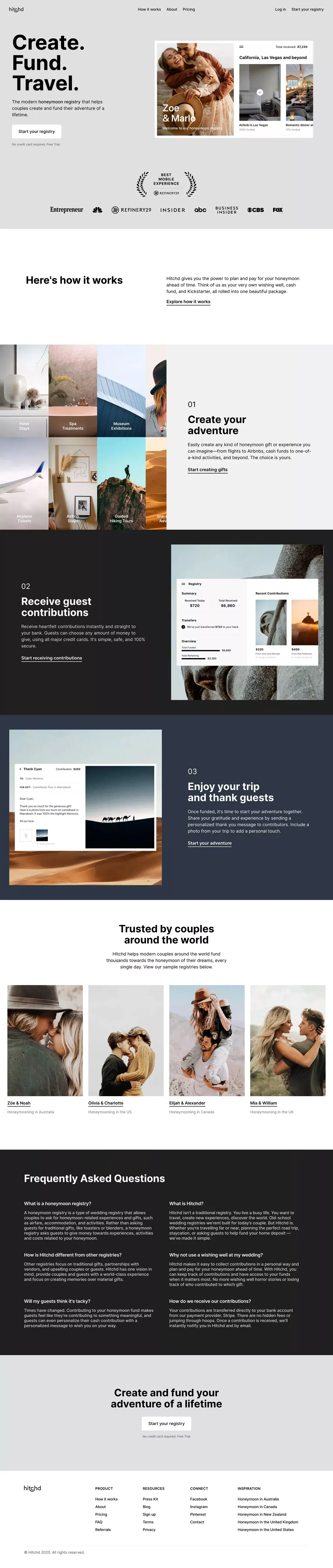 Honeymoon Fund | Honeymoon Registry Website by Hitchd - Landing design