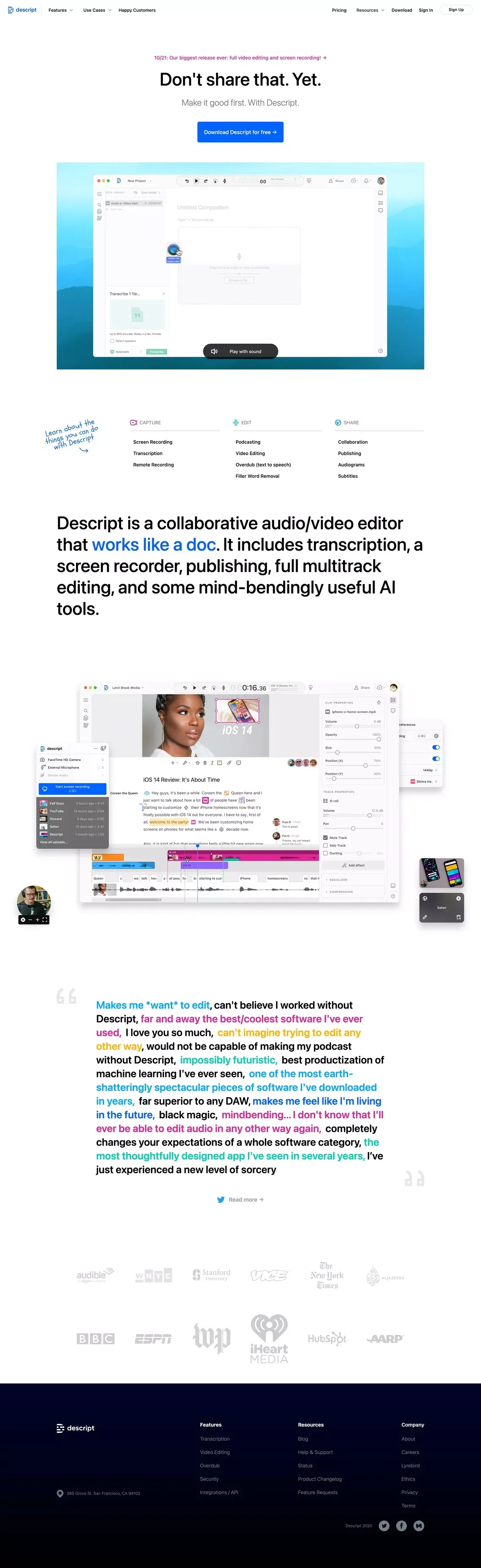 Descript | Create podcasts, videos, and transcripts - Landing design