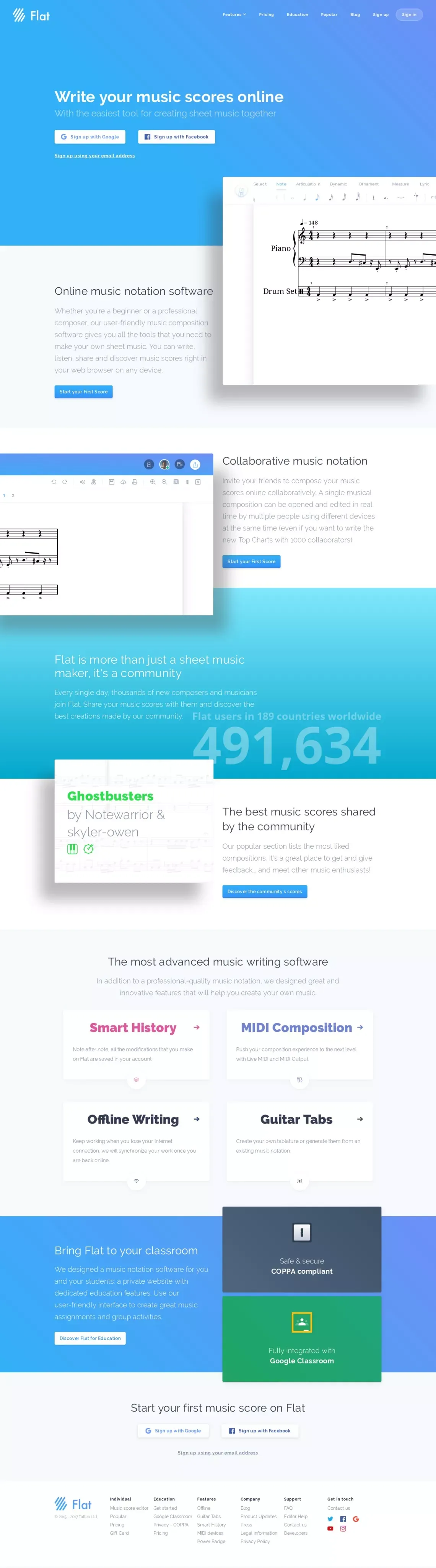 Online collaborative music notation software - Flat - Landing design