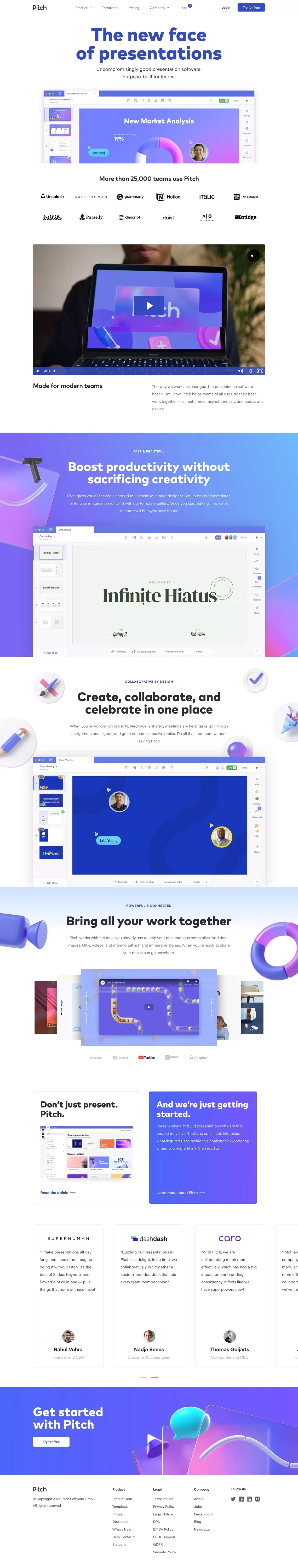 Pitch 一 Collaborative presentation software for modern teams. - Landing design