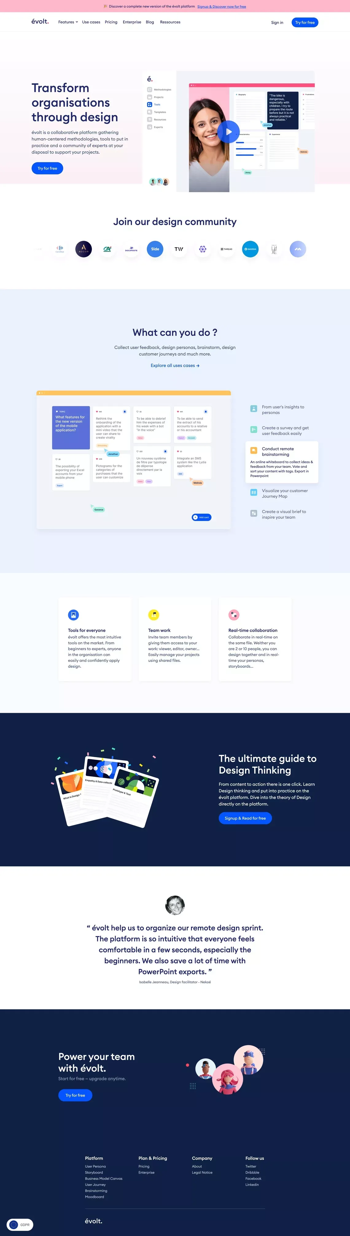 évolt - Collaborative UX Design tools platform for design thinking - Landing design