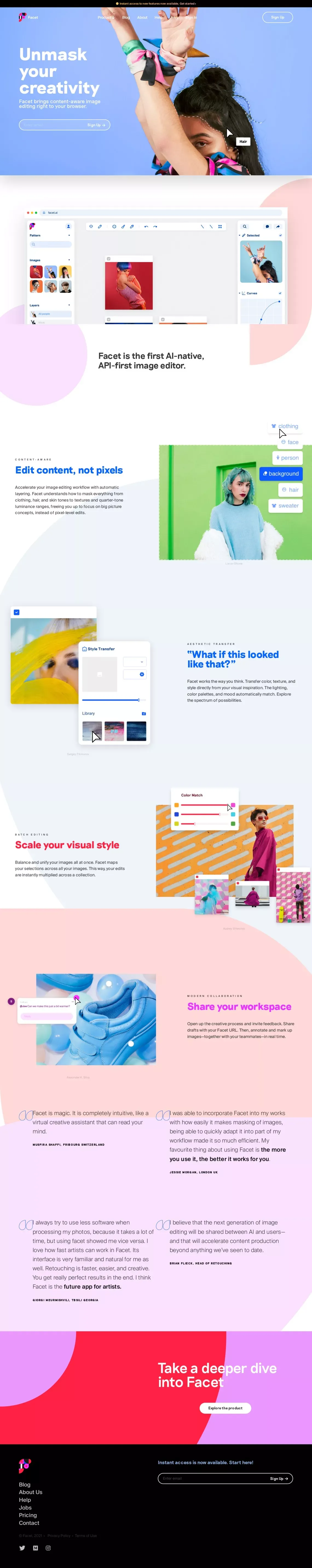 Facet.ai: Unmask Your Creativity - Landing design