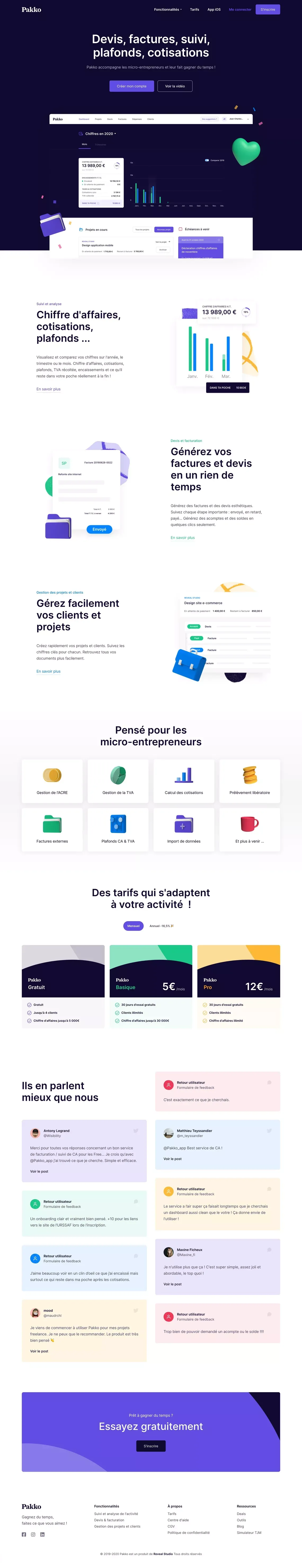 Pakko - Factures, devis, plafonds, cotisations - pour les micro-entrepreneurs - Landing design