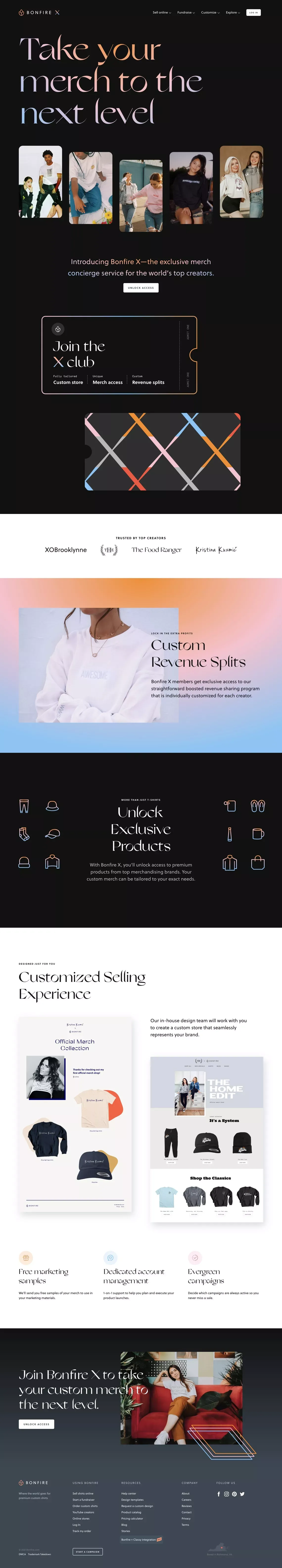 Bonfire X: An Exclusive Merch Concierge Service for Top Creators - Landing design
