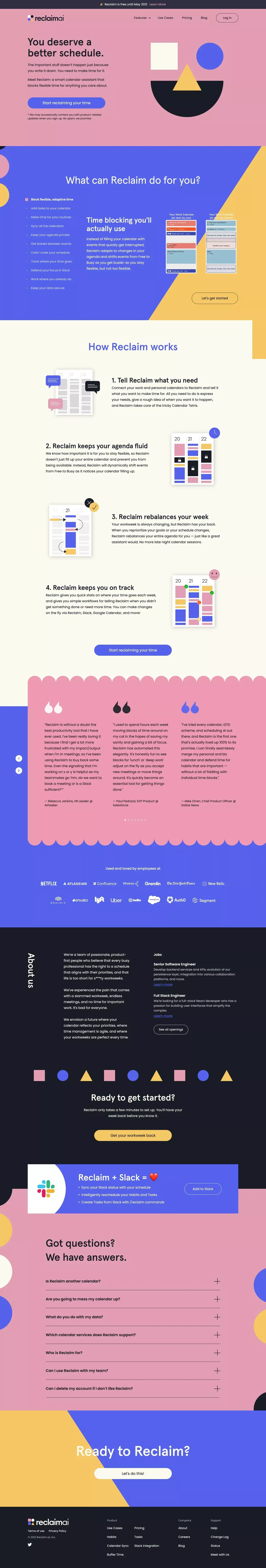 Reclaim | You deserve a better schedule - Landing design