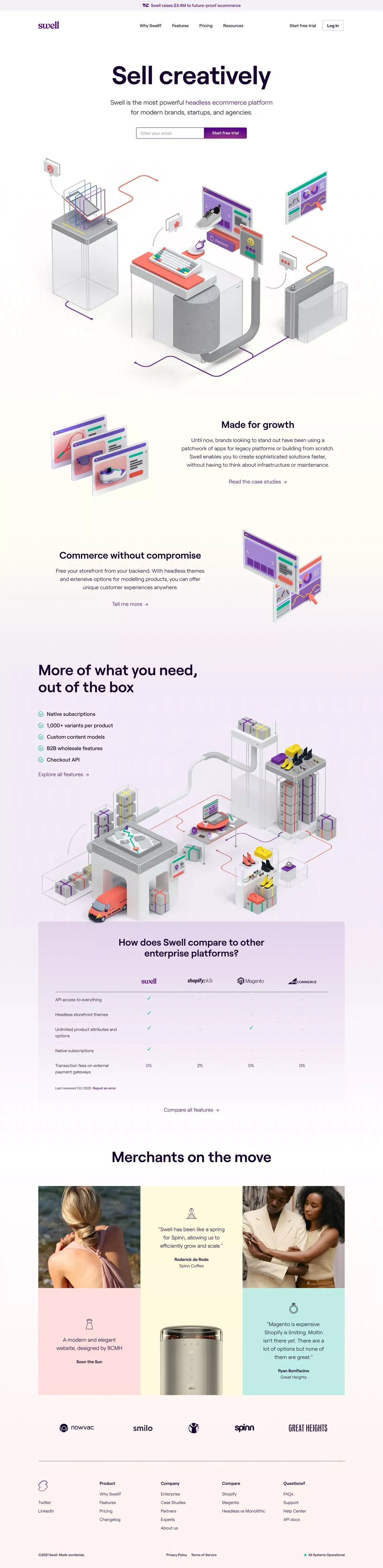 Swell - build a headless ecommerce store in minutes - Landing design