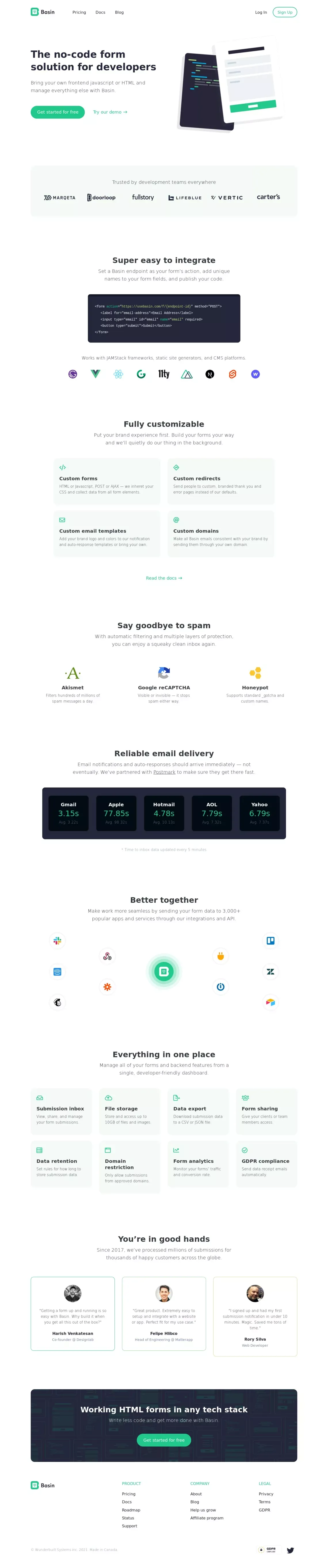 Basin | No-code form backend for developers - website design