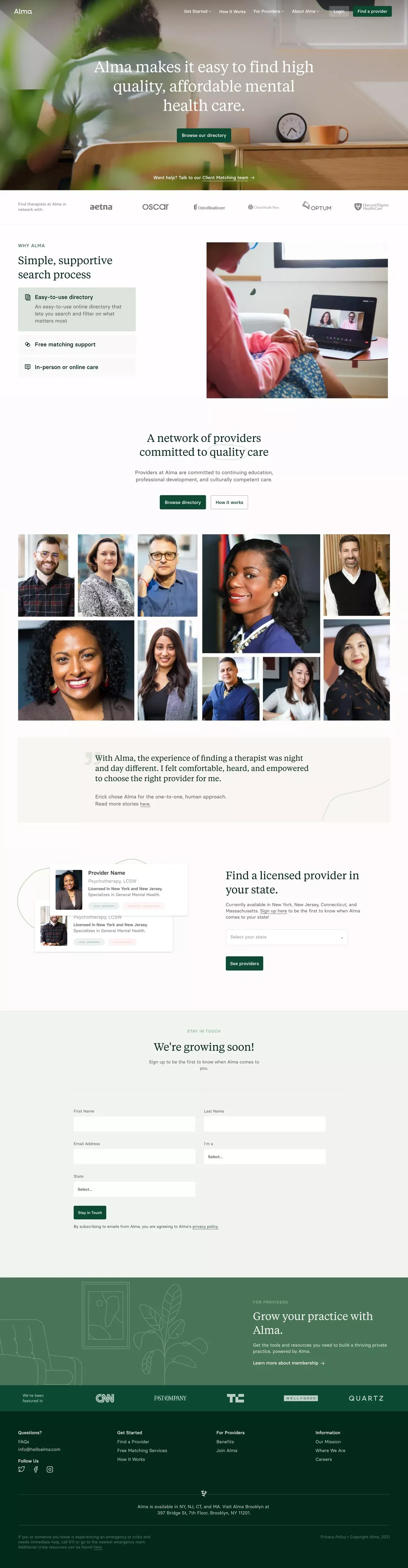 Alma — Simplifying Access to Therapy - Landing design