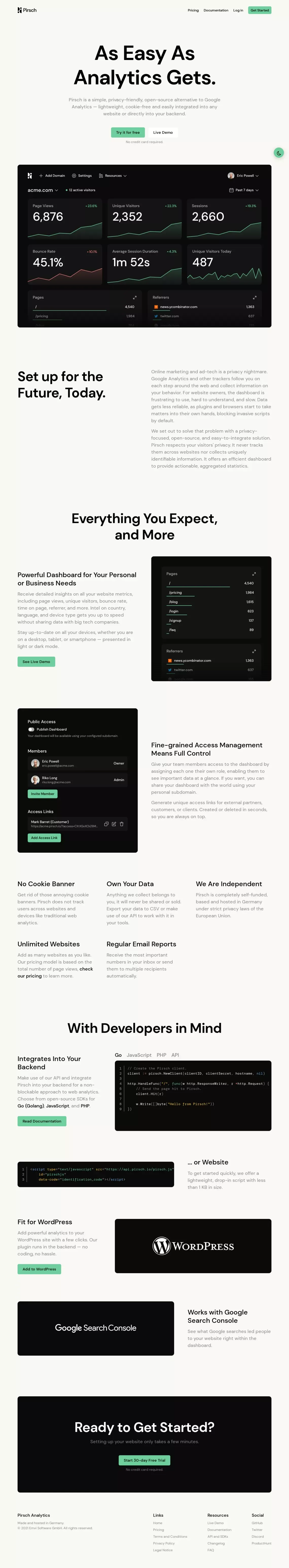 Pirsch Analytics ‒ Cookie-Free, Privacy-Friendly Alternative to Google Analytics - Landing design
