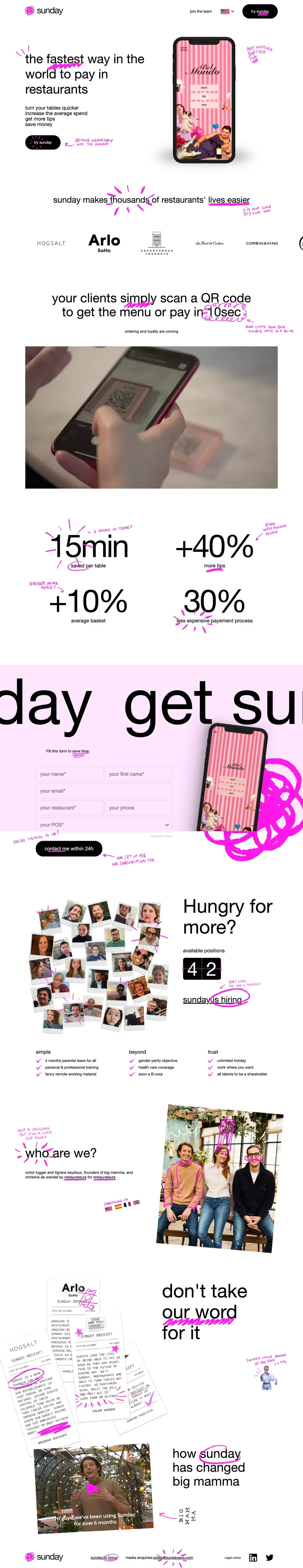 Sunday | Pay faster in restaurants - Landing design