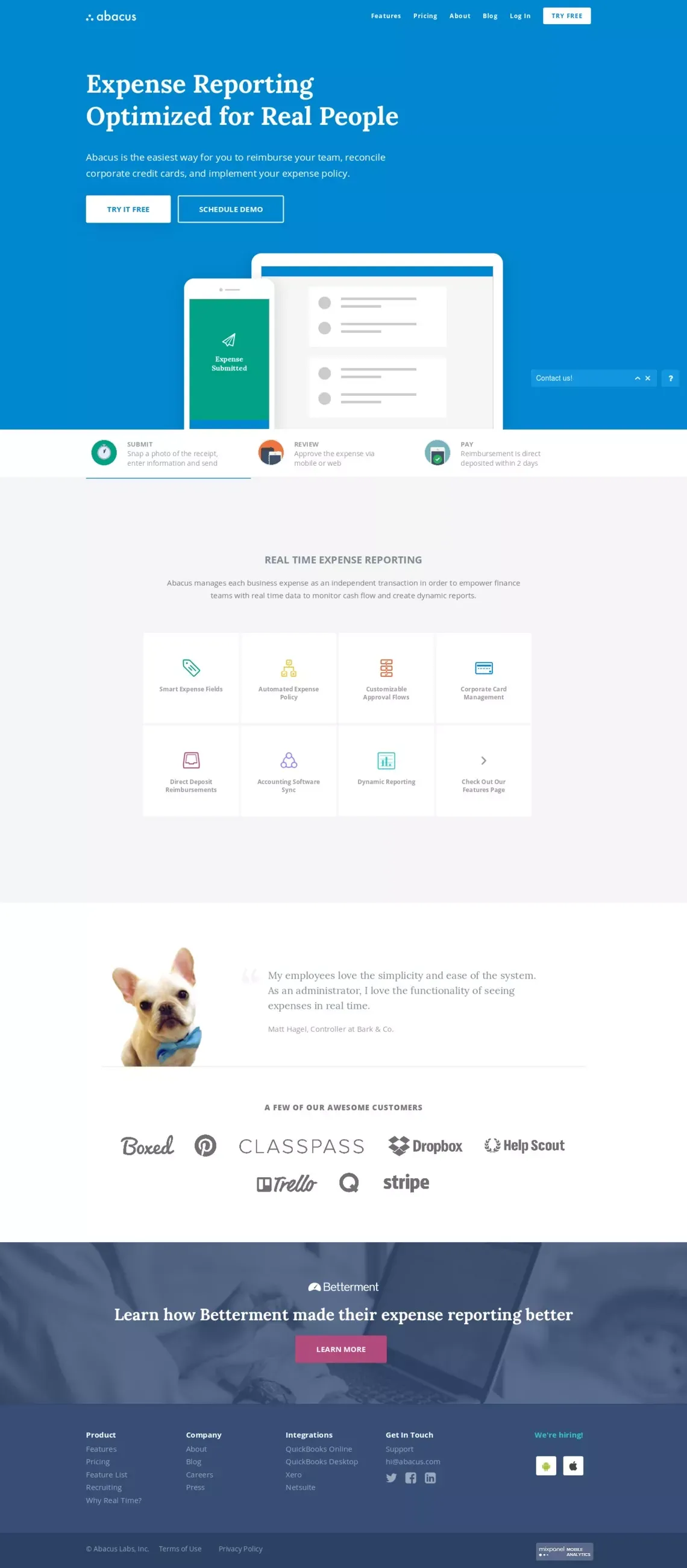 Abacus - Real Time Expense Reporting Software - Landing design