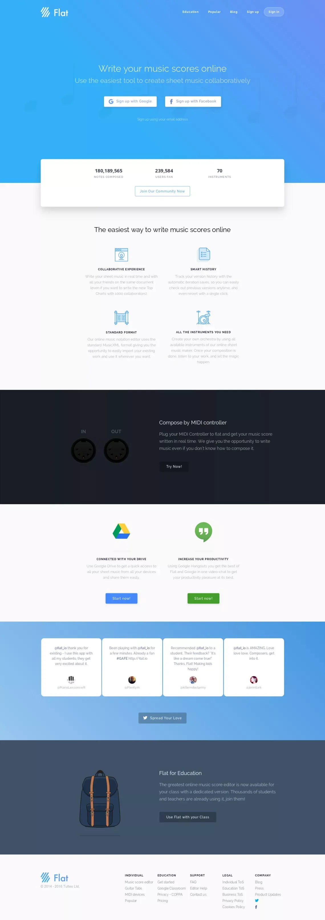 Flat - The online and collaborative music notation software - Landing design