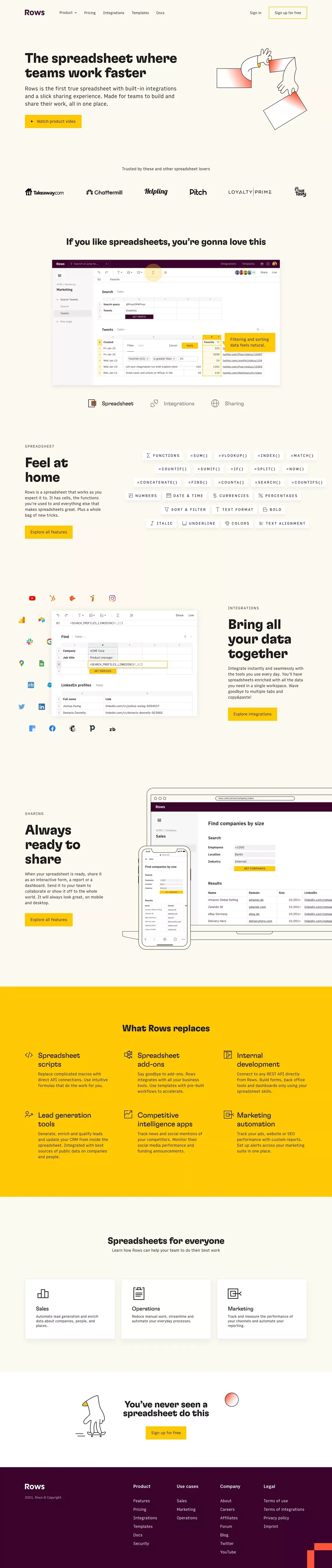Rows — The spreadsheet where teams work faster - Landing design