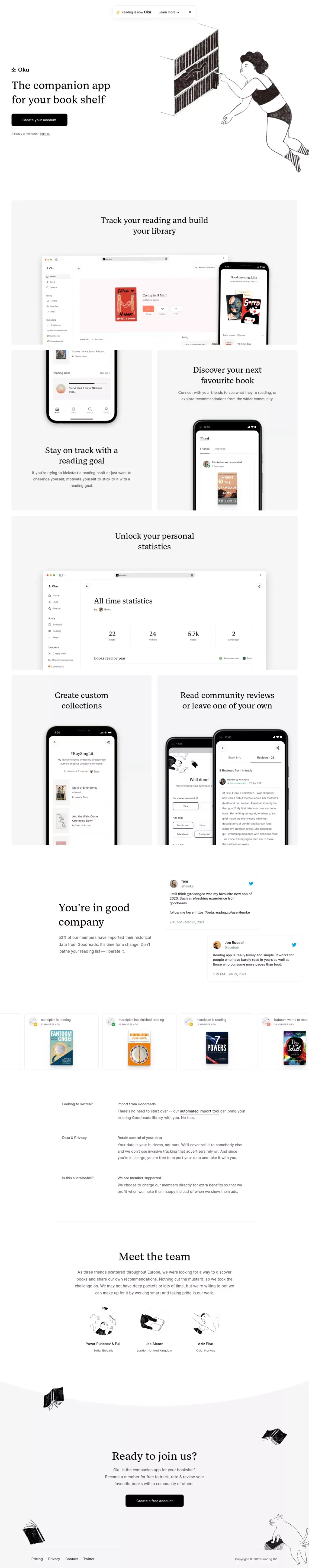 Oku - the companion app for your bookshelf - Landing design