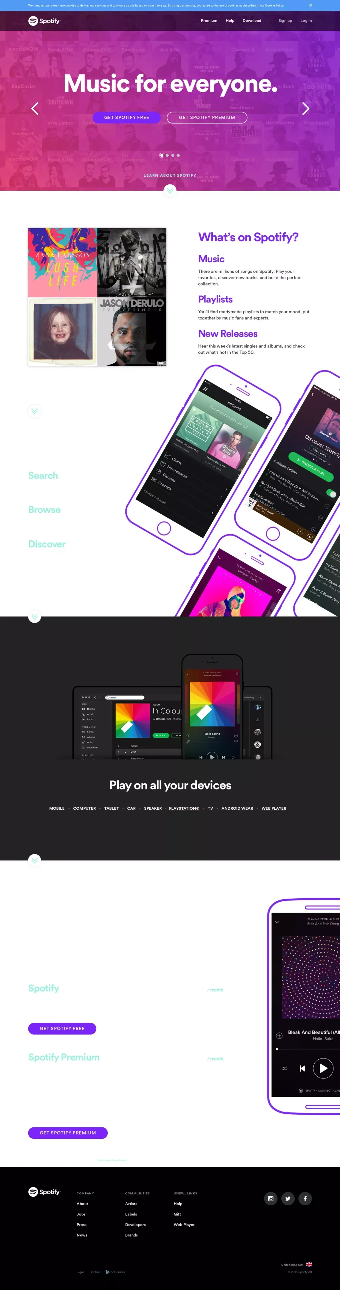 Spotify - Music for everyone - Landing design