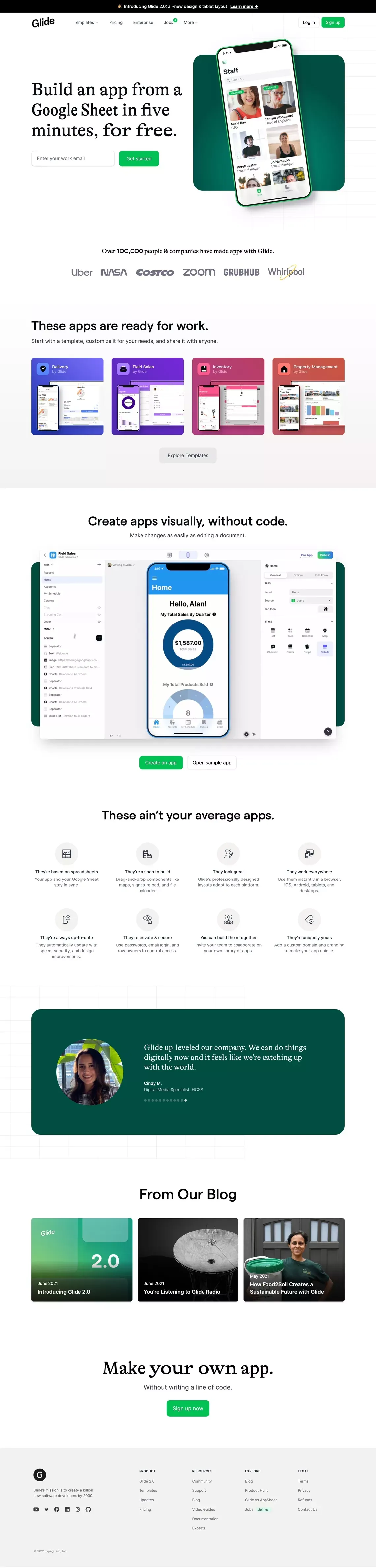 Build an app from a Google Sheet in five minutes, for free • Glide - Landing design