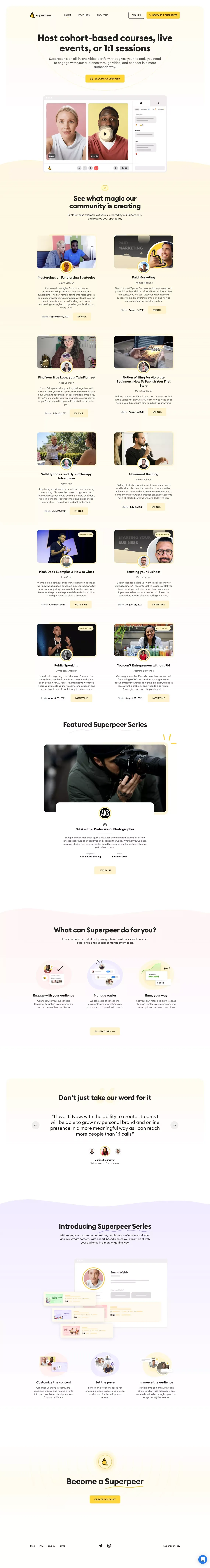 Superpeer | Cohort-based courses, live events, or 1:1 sessions - Landing design