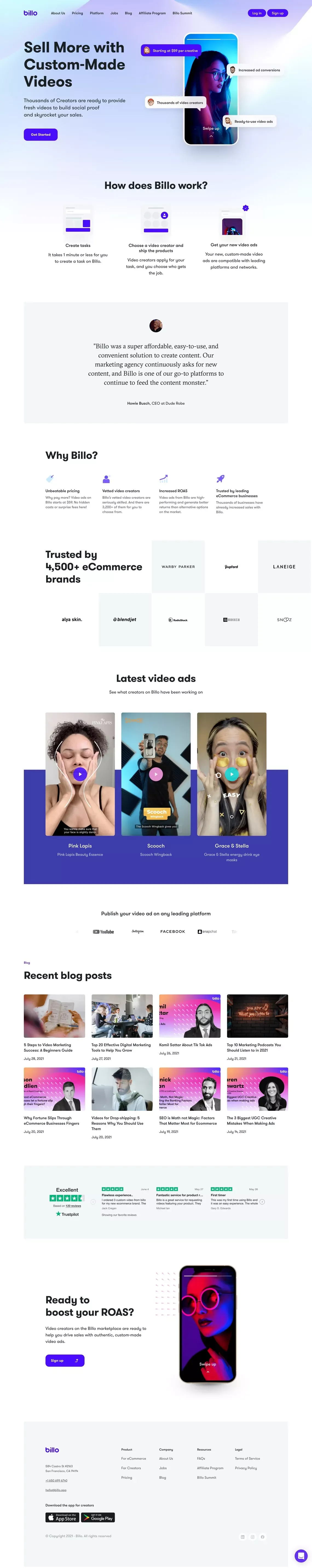 Billo | The #1 platform for custom-made eCommerce video ads - Landing design