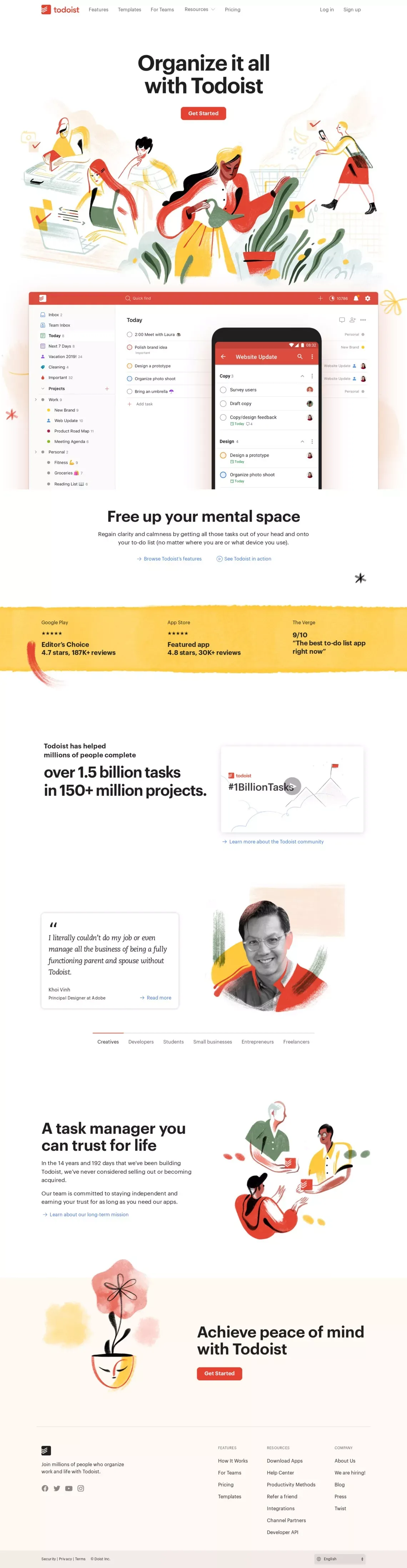 Todoist: The to do list to organize work & life - Landing design