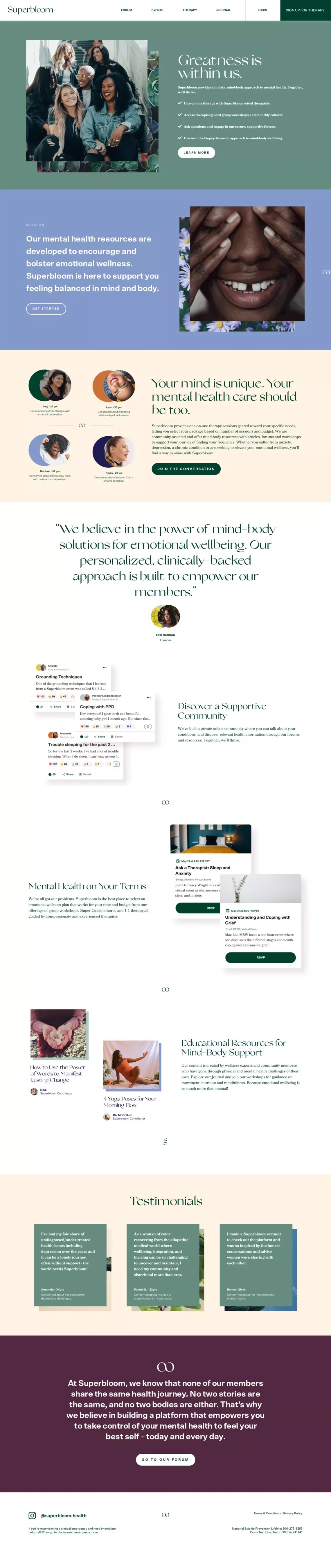 Superbloom - An emotional wellness platform for women - Landing design