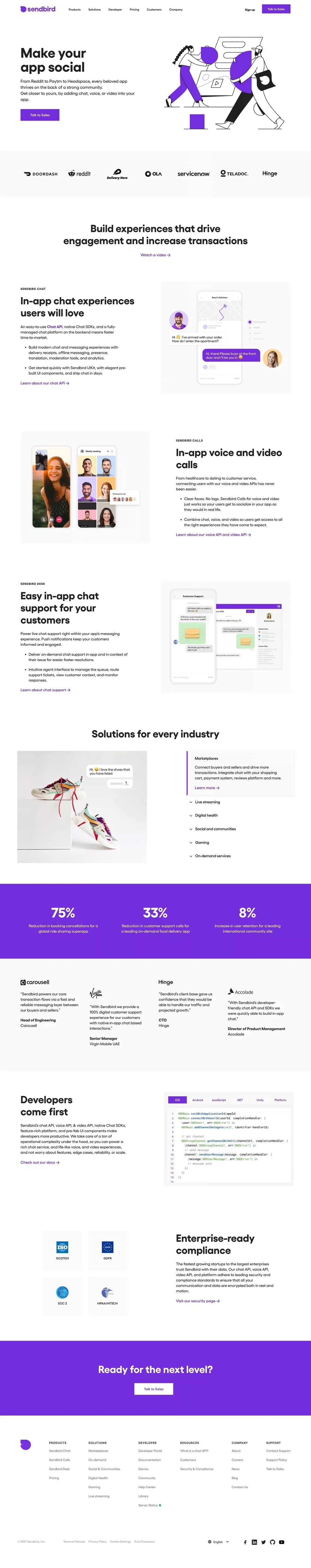 Sendbird - A Complete Chat Platform, Messaging and Chat API and SDK - Landing design