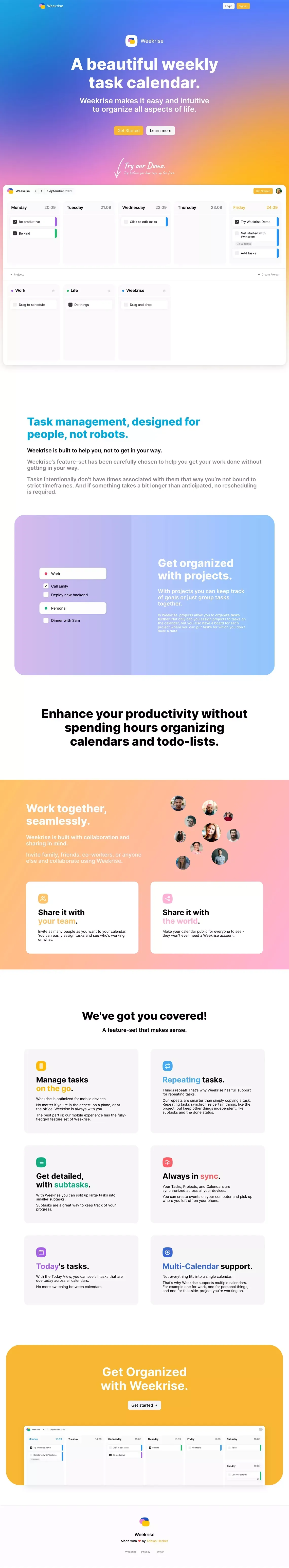 Weekrise - A weekly task calendar - Landing design