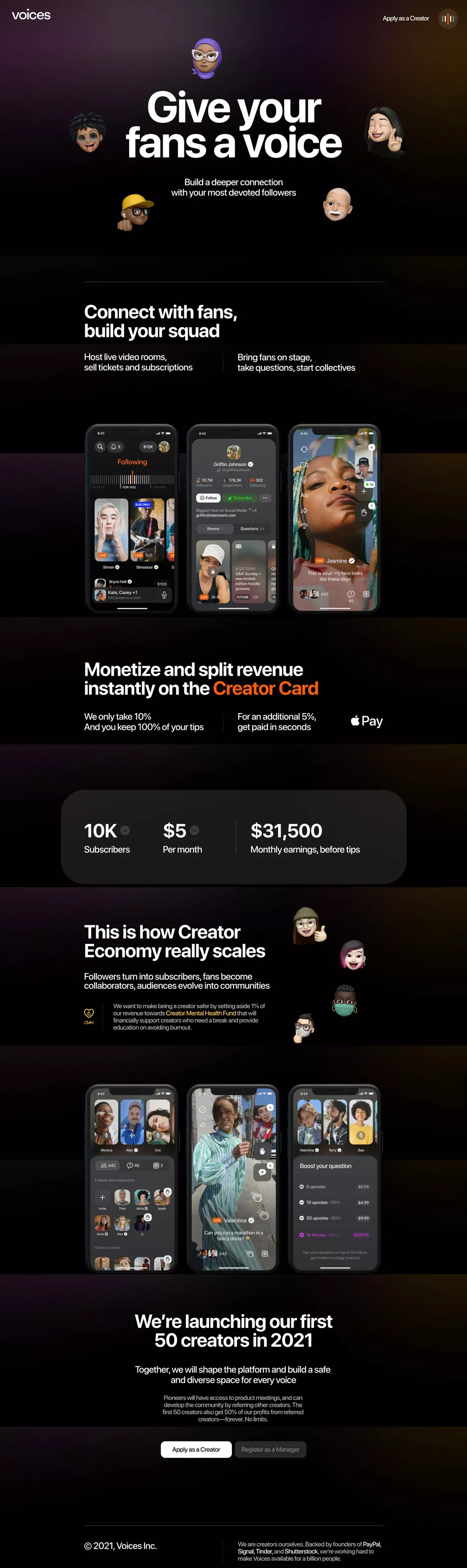 Voices: Host live video rooms, sell tickets and subscriptions - Landing design