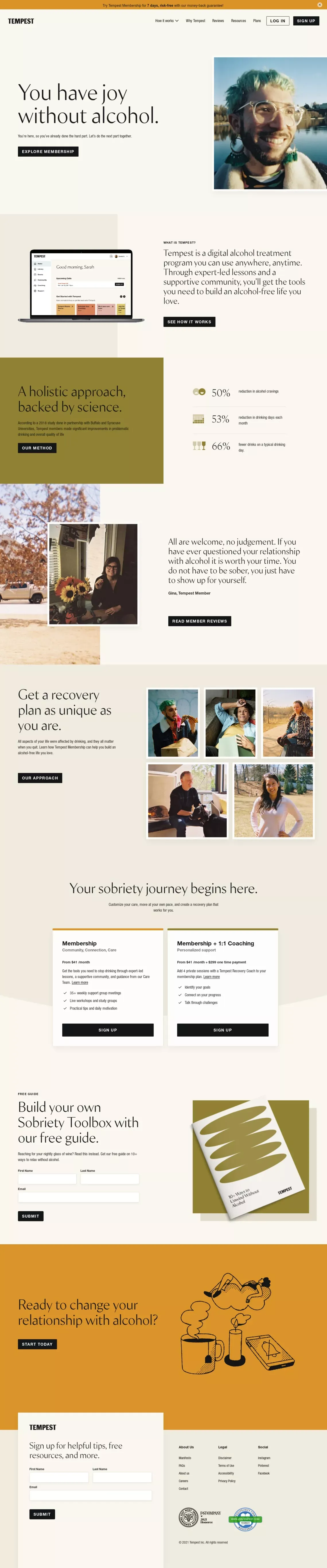 Online Alcohol Recovery and Support to Quit Drinking | Tempest - Landing design