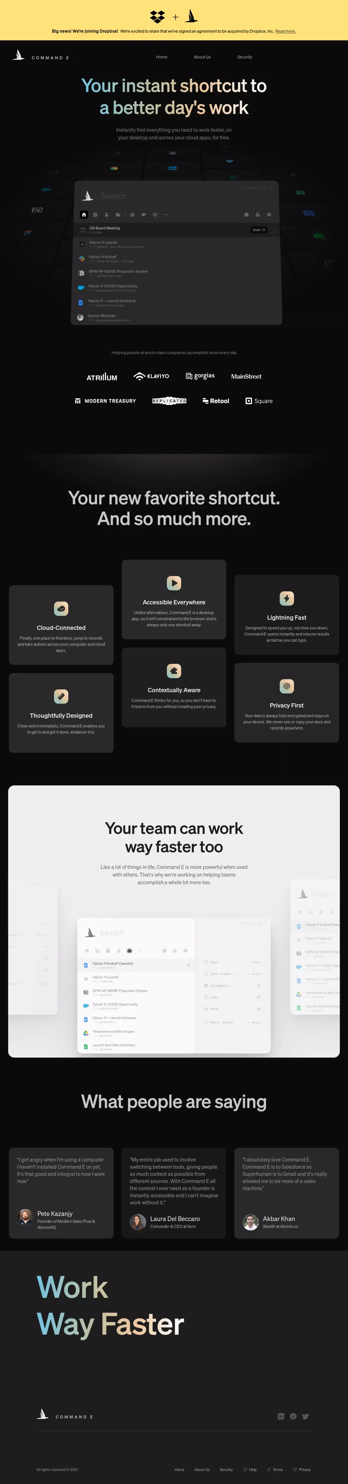 Universal Search & Productivity App | Command E - Landing design