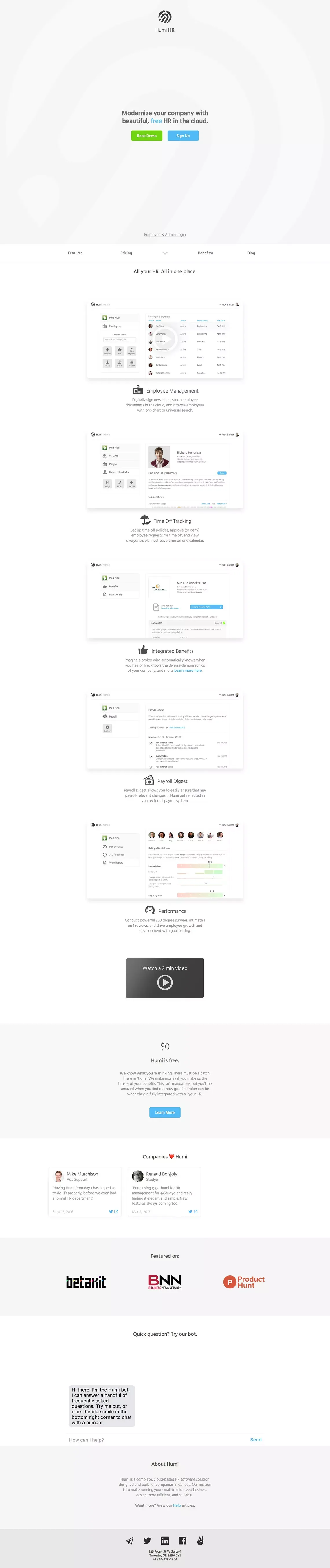 Humi HR: Beautiful, Free HR in the Cloud - Landing design