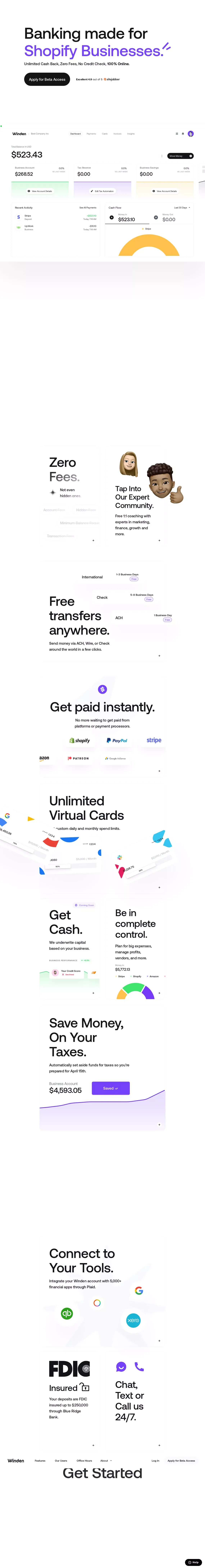 Winden - Banking Made For Digital Entrepreneurs & More - website design