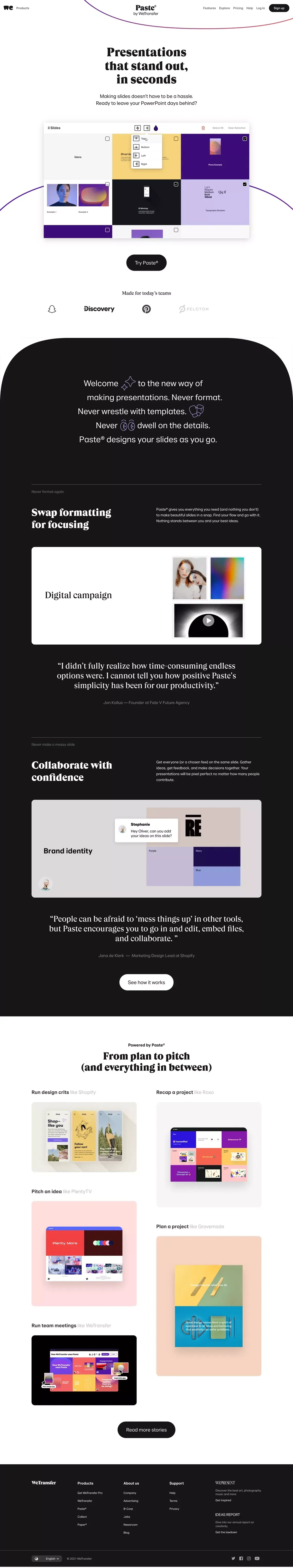 Paste by WeTransfer | Never format a presentation again - Landing design