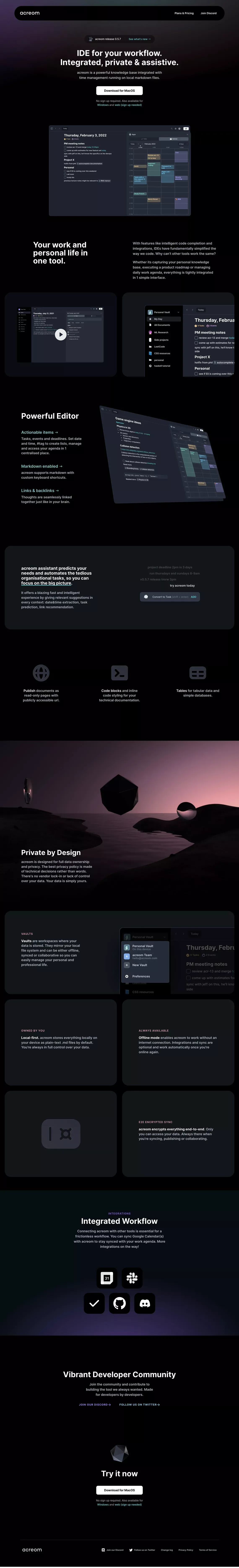 acreom — IDE for your workflow - Landing design