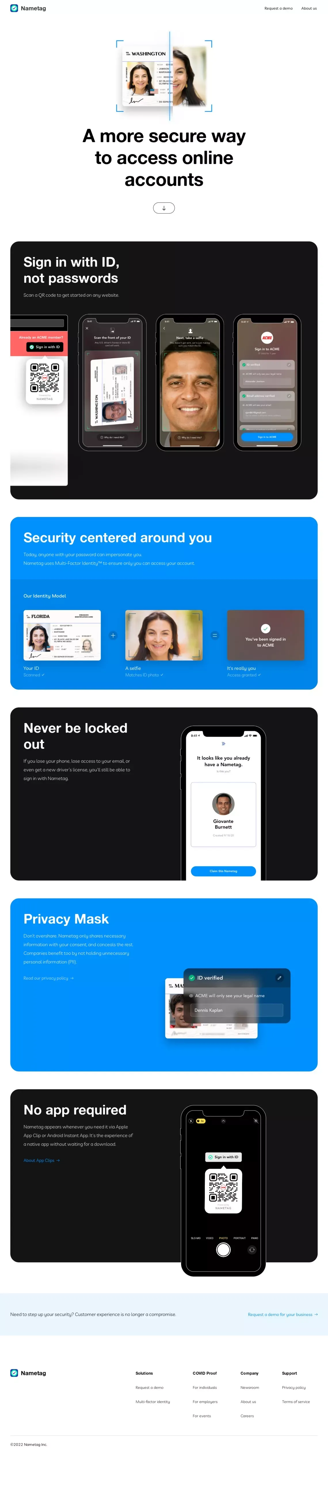Nametag | Fast, Safe, Everywhere ID - Landing design